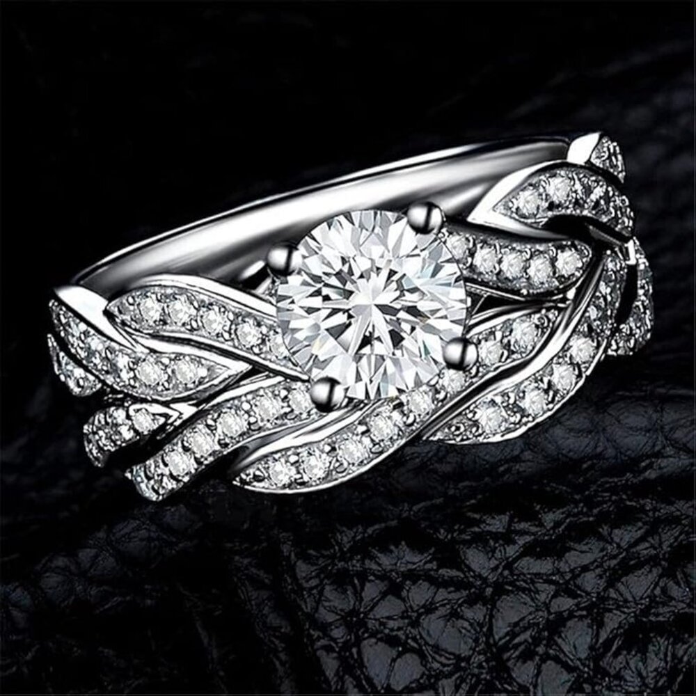 1CT Round CZ White Gold Plated 925 Sterling Silver Wedding Ring Set Adjustable S